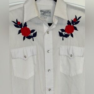 Vintage Silver Spur Western Shirt White Pearl Snap with Red Rose Embroidery